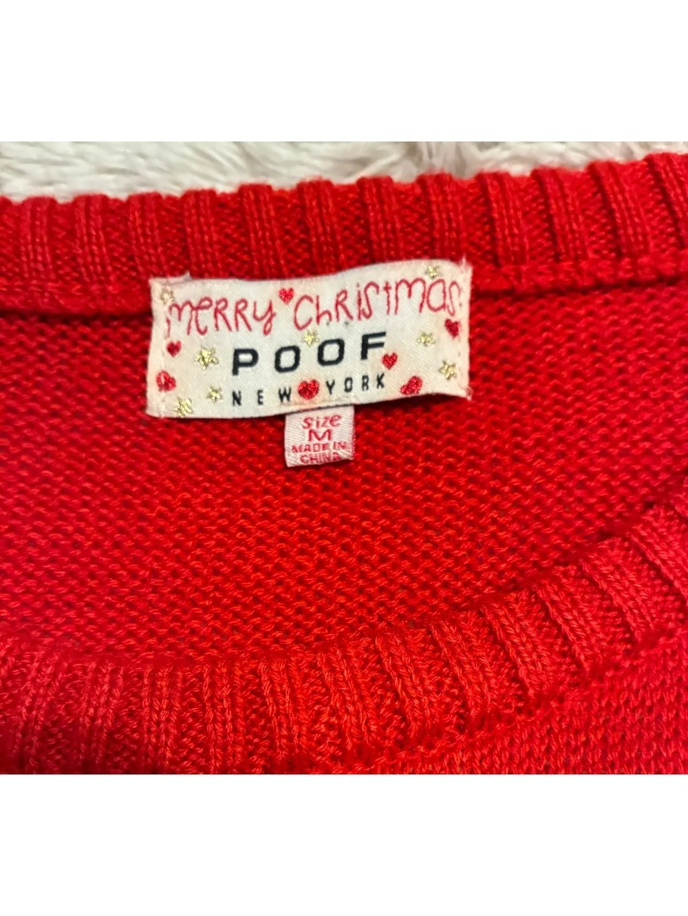 Merry Christmas Poof New York Red Llama Alpacas Ugly Christmas Sweater Size M